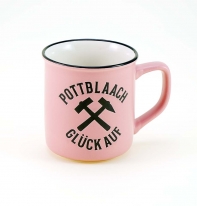 Rosa Kaffeebecher mit schwarz geprgtem Pottblaach Schriftzug